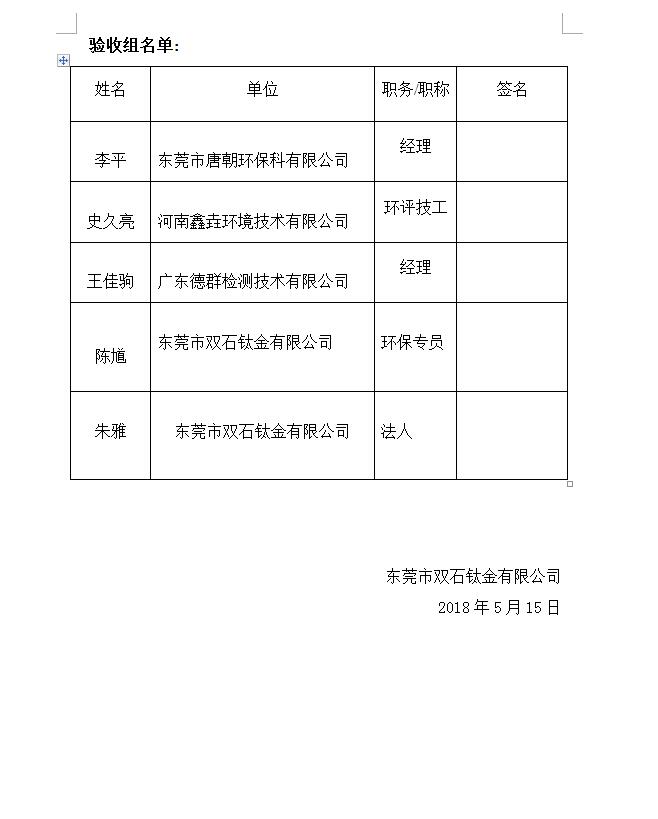 东莞市双石钛金有限公司新建项目竣工环境保护验收公示