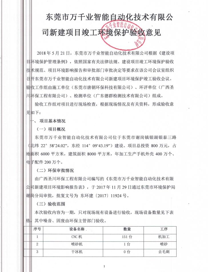 东莞市万千业智能自动化技术有限公司新建项目自主验收